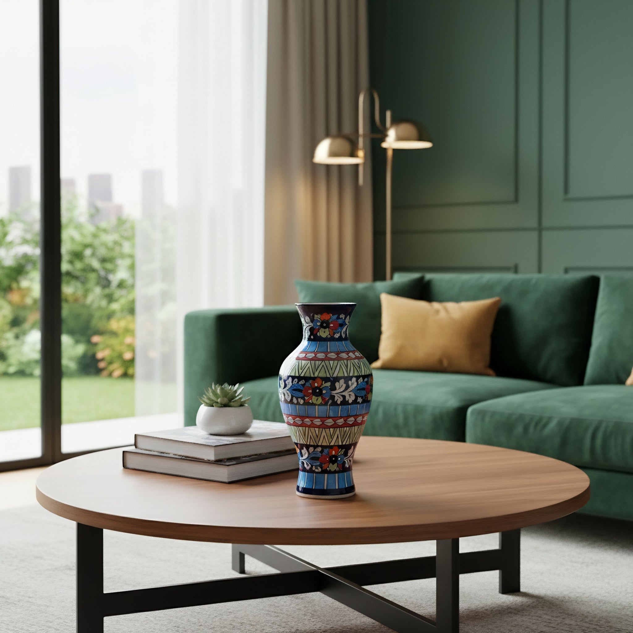 Multicolor Traditional Floral Blue Pottery Vase – 14 Inch