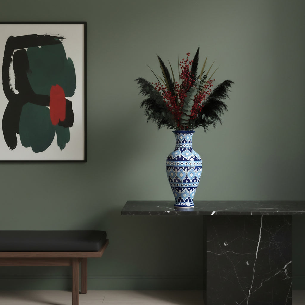 Sky-to-Midnight Tulip Blue Pottery Vase – 14 Inch