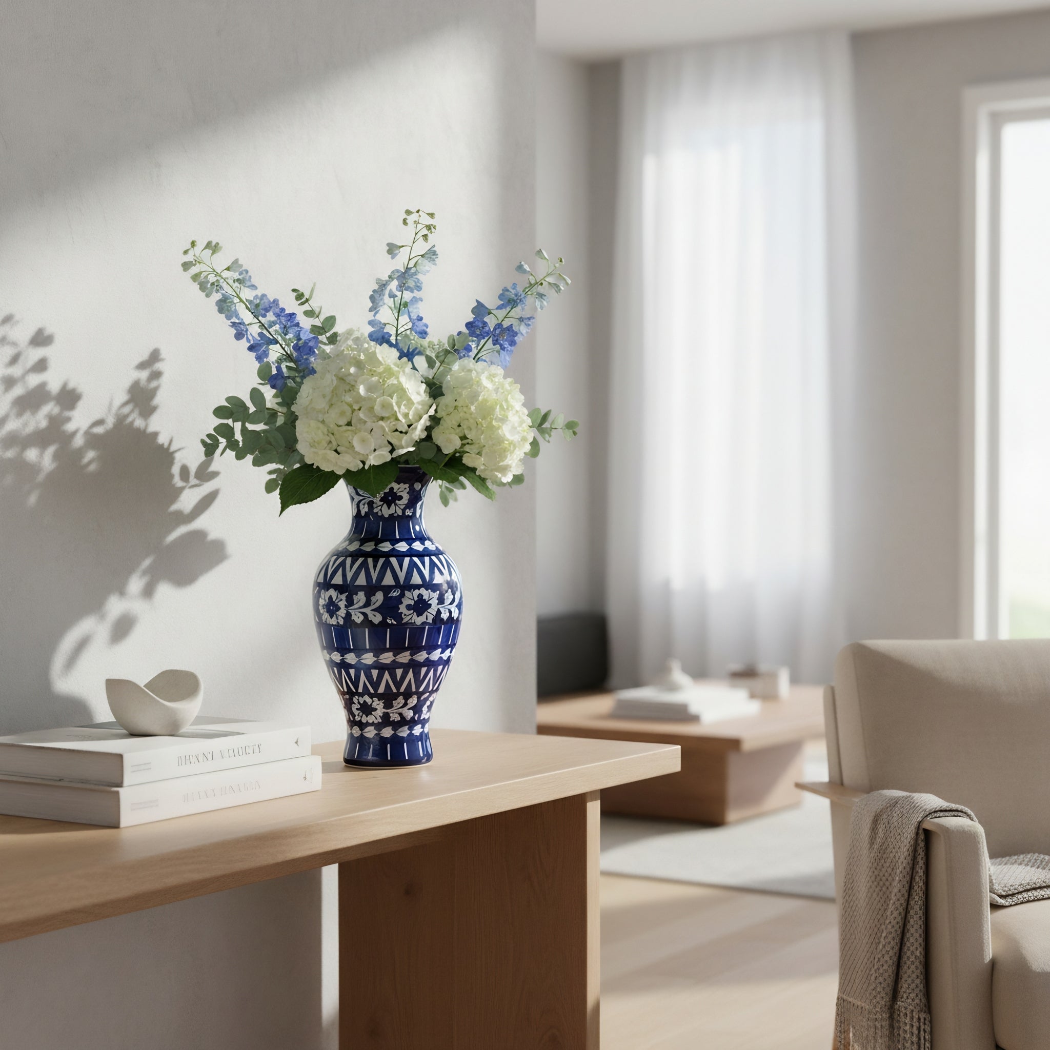 Cobalt Chevron Floral Blue Pottery Vase – 14 Inch