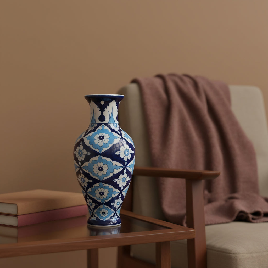 Iznik-Style Floral Blue Pottery Vase — Pakistani handmade ceramic — Craftan Pakistan