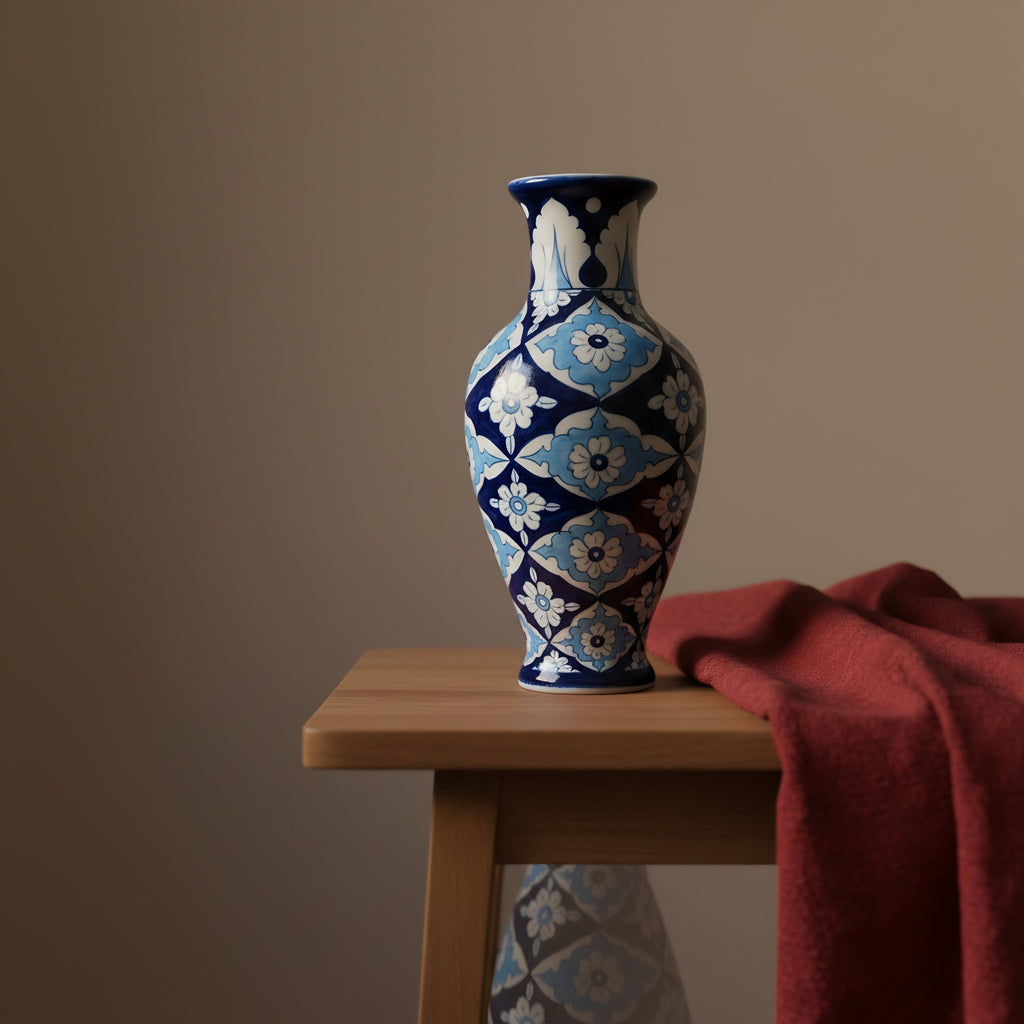 Iznik-Style Floral Blue Pottery Vase — Multani pottery artistry — Craftan Pakistan