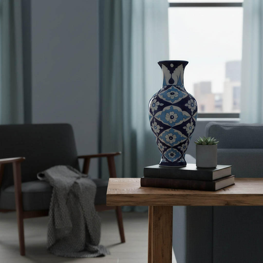 Iznik-Style Floral Blue Pottery Vase — handmade pottery texture — Craftan Pakistan