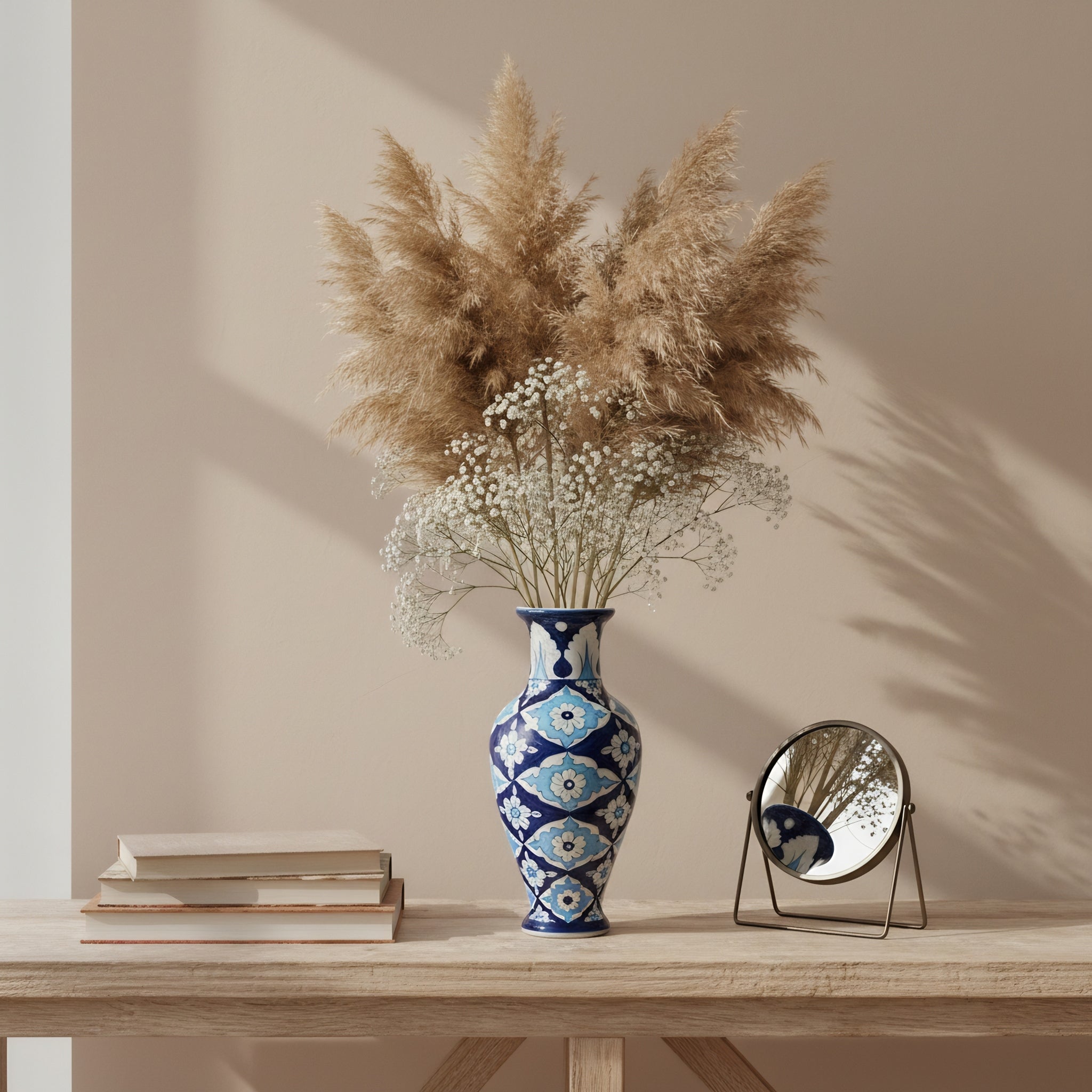 Iznik-Style Floral Blue Pottery Vase – 14 Inch