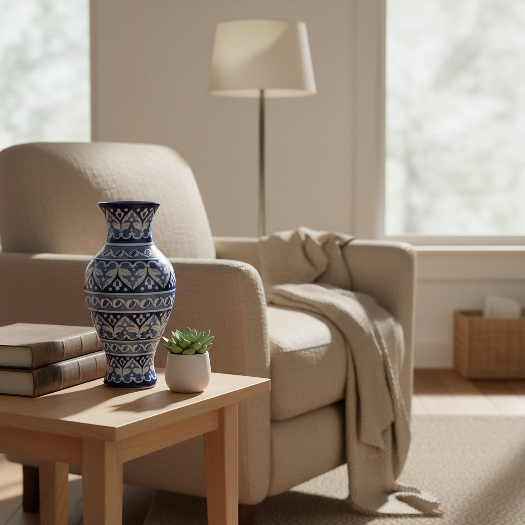 Cobalt Arabesque Blue Pottery Vase – 14 Inch