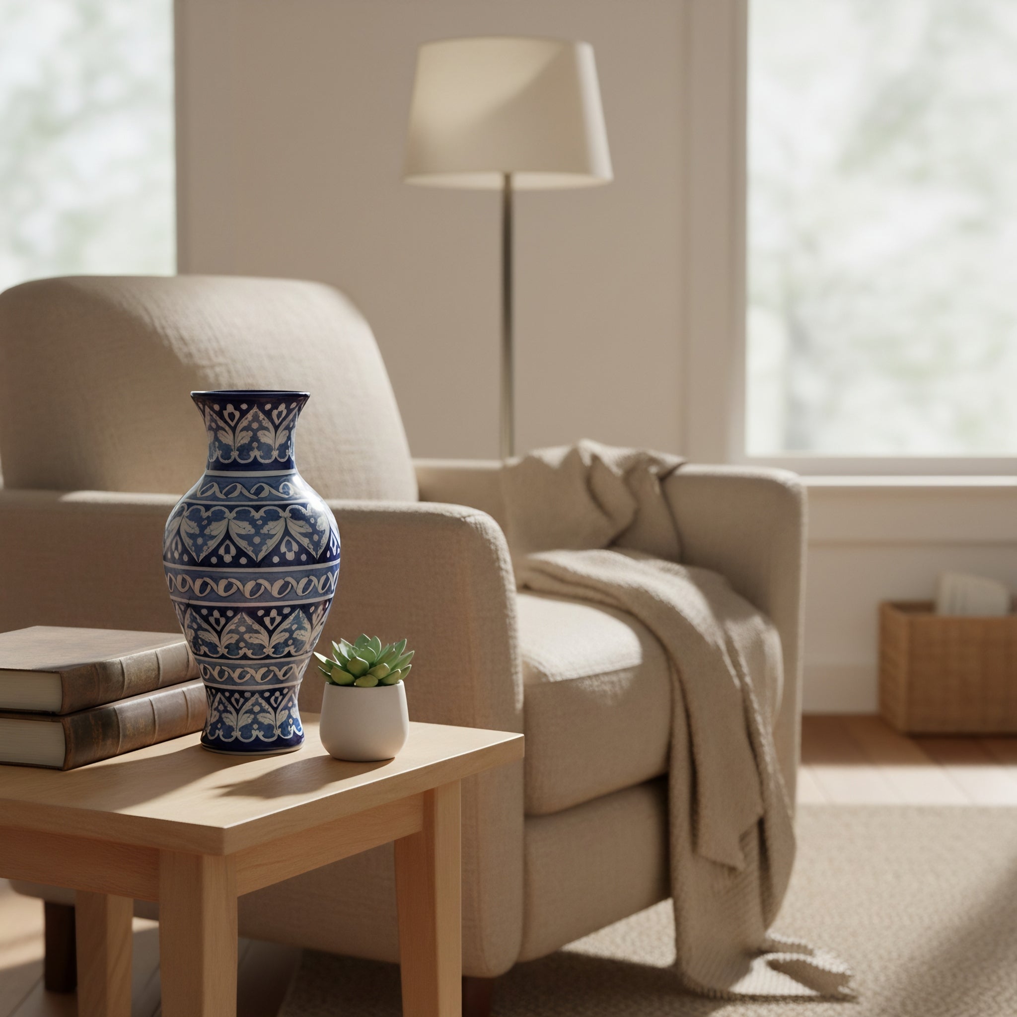 Cobalt Arabesque Blue Pottery Vase – 14 Inch