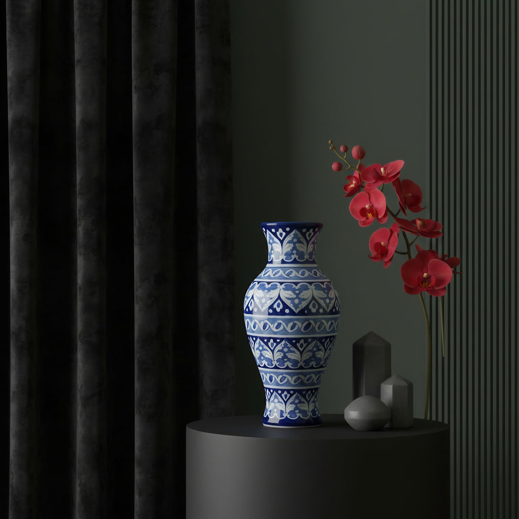 Cobalt Arabesque Blue Pottery Vase – 14 Inch