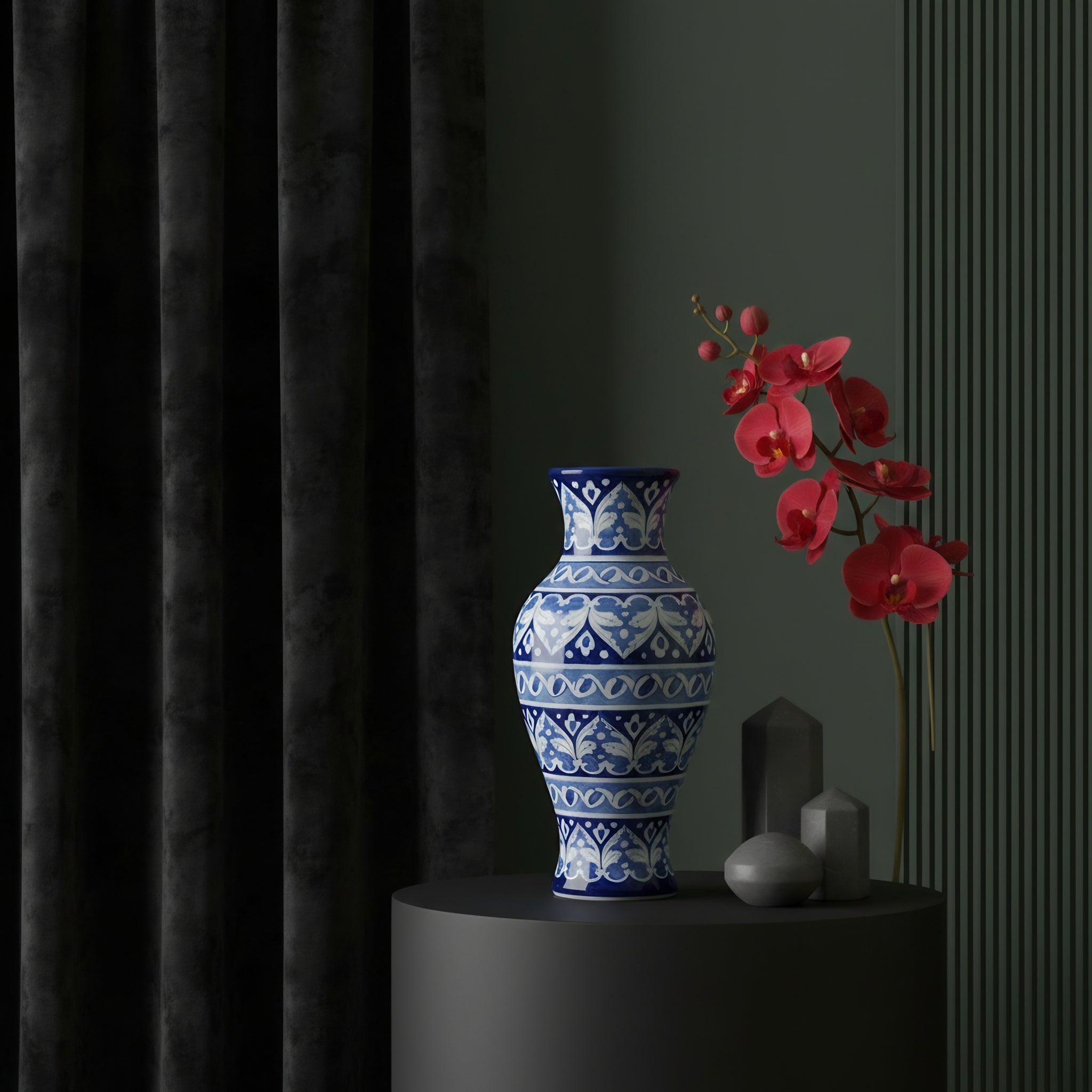 Cobalt Arabesque Blue Pottery Vase – 14 Inch