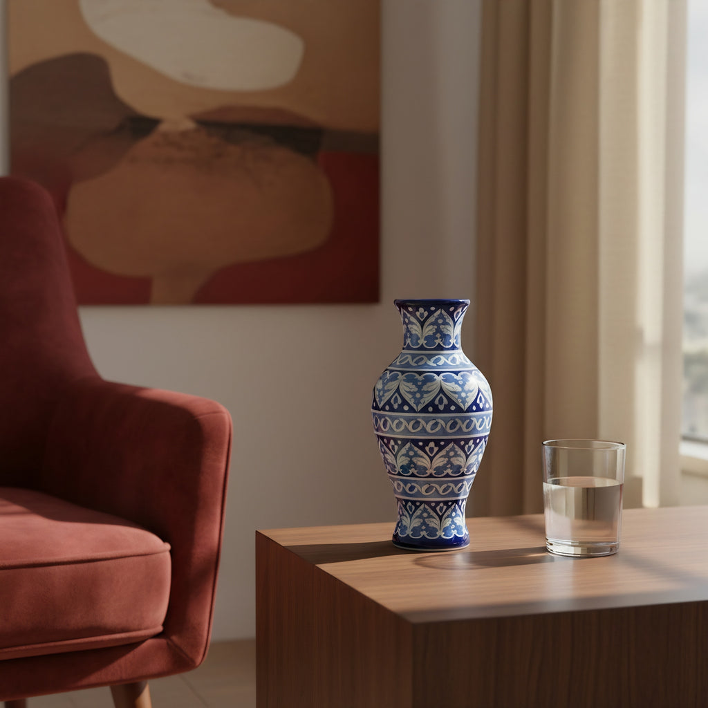 Cobalt Arabesque Blue Pottery Vase – 14 Inch