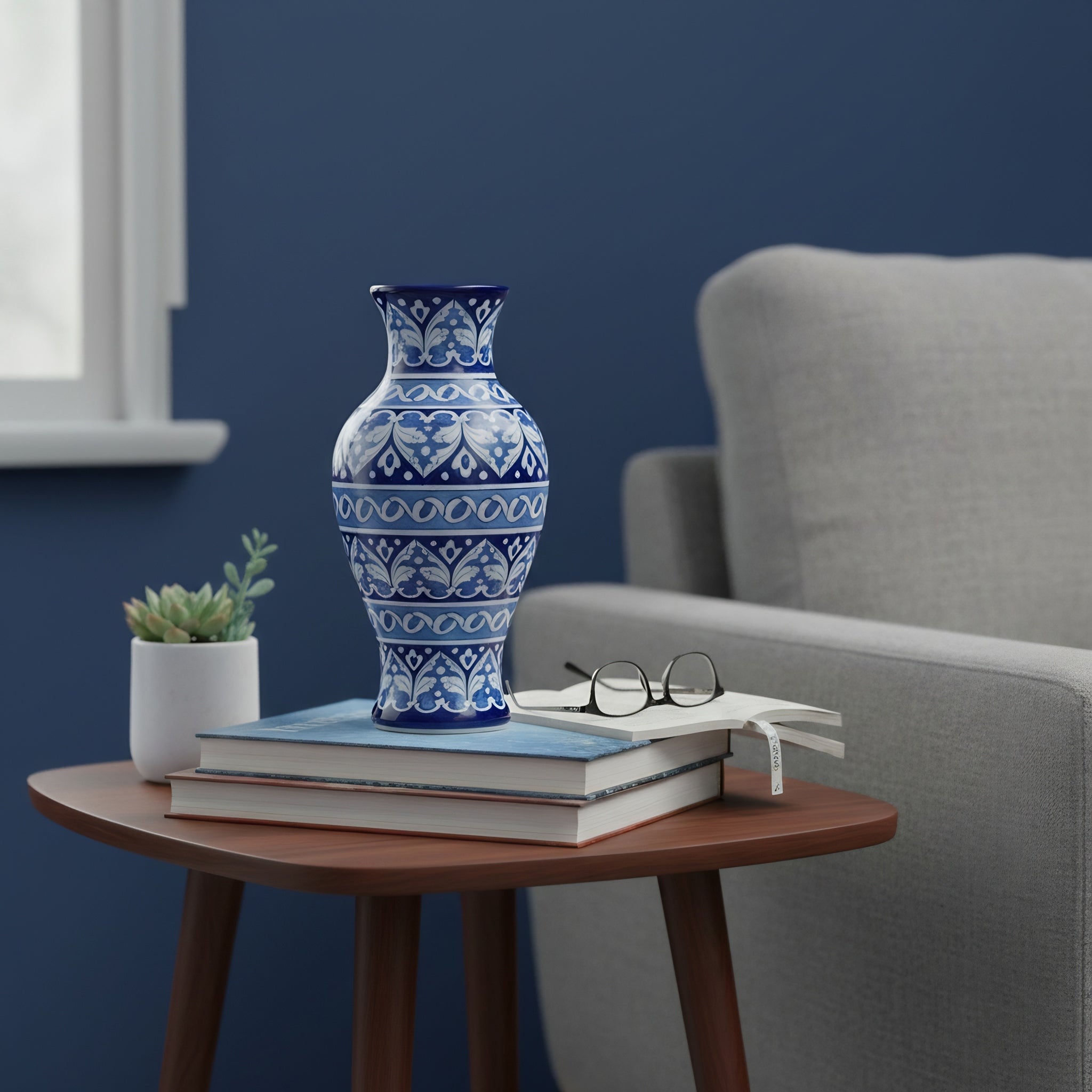 Cobalt Arabesque Blue Pottery Vase – 14 Inch