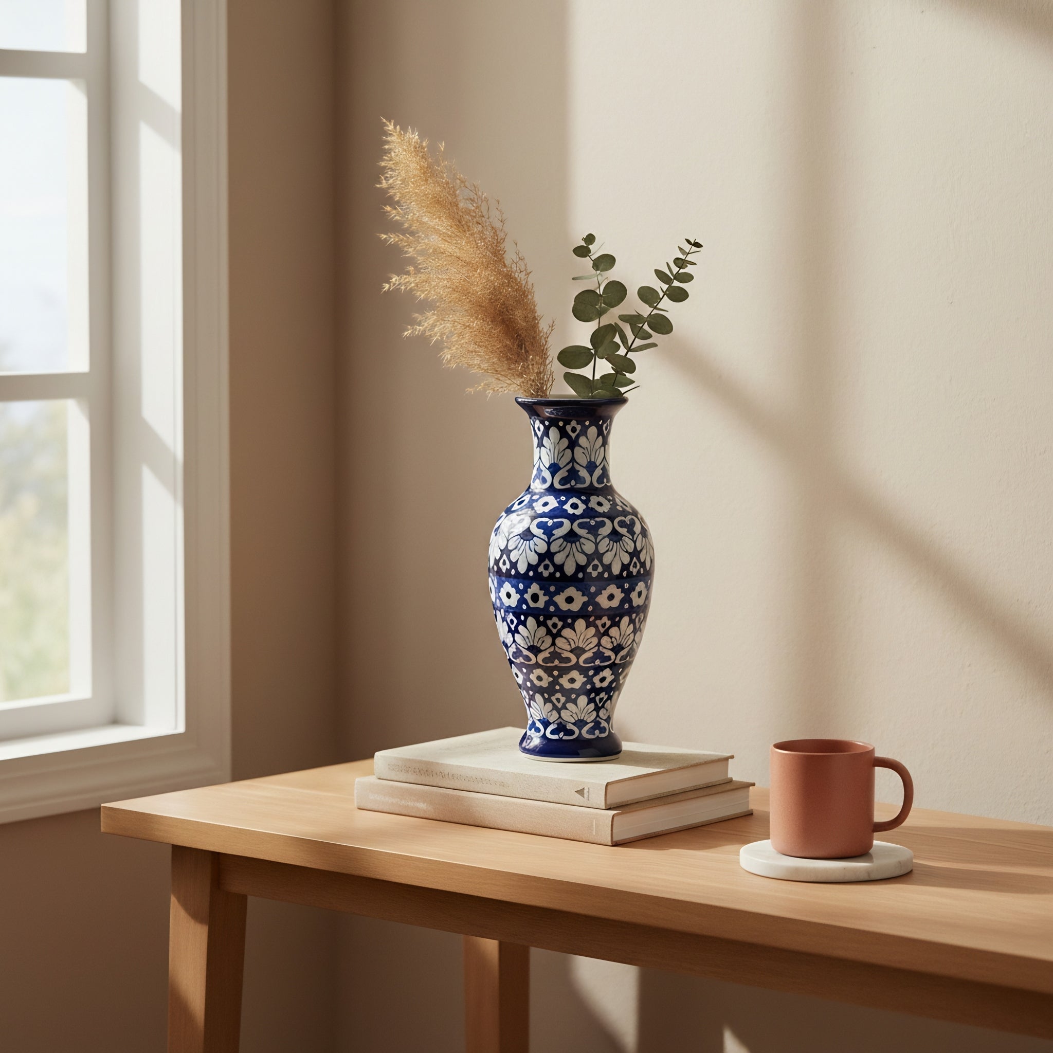 Cobalt Layered Floral Blue Pottery Vase – 14 Inch