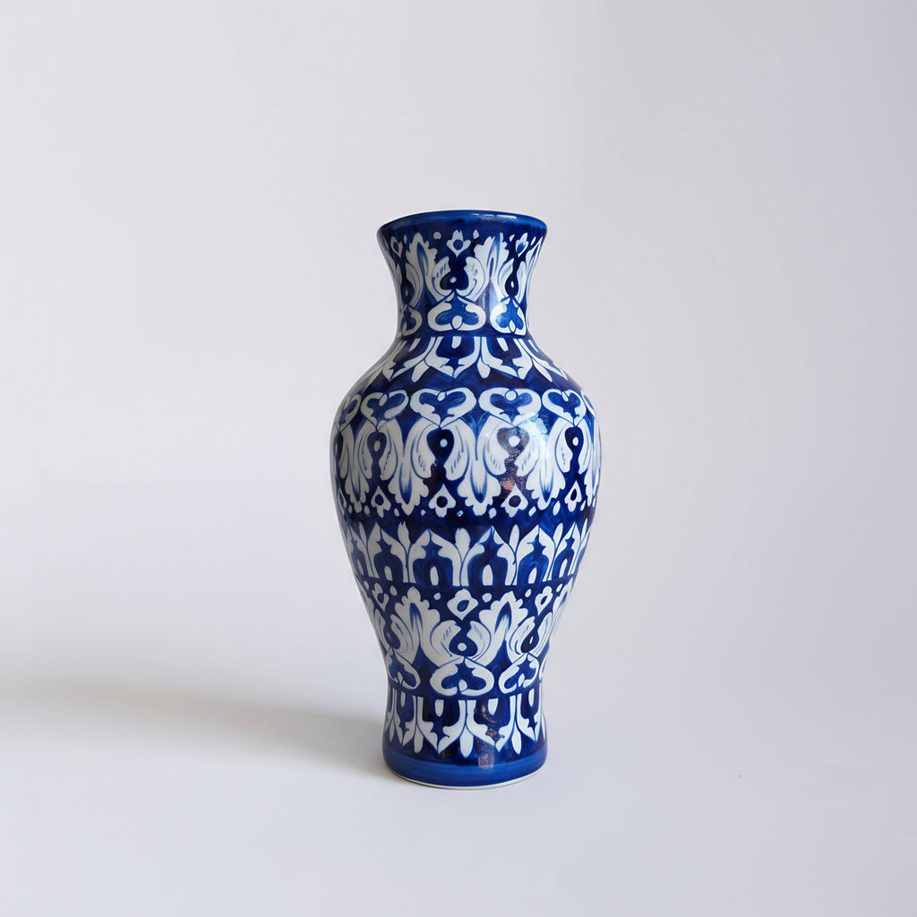 Cobalt Floral Burst Blue Pottery Vase – 14 Inch