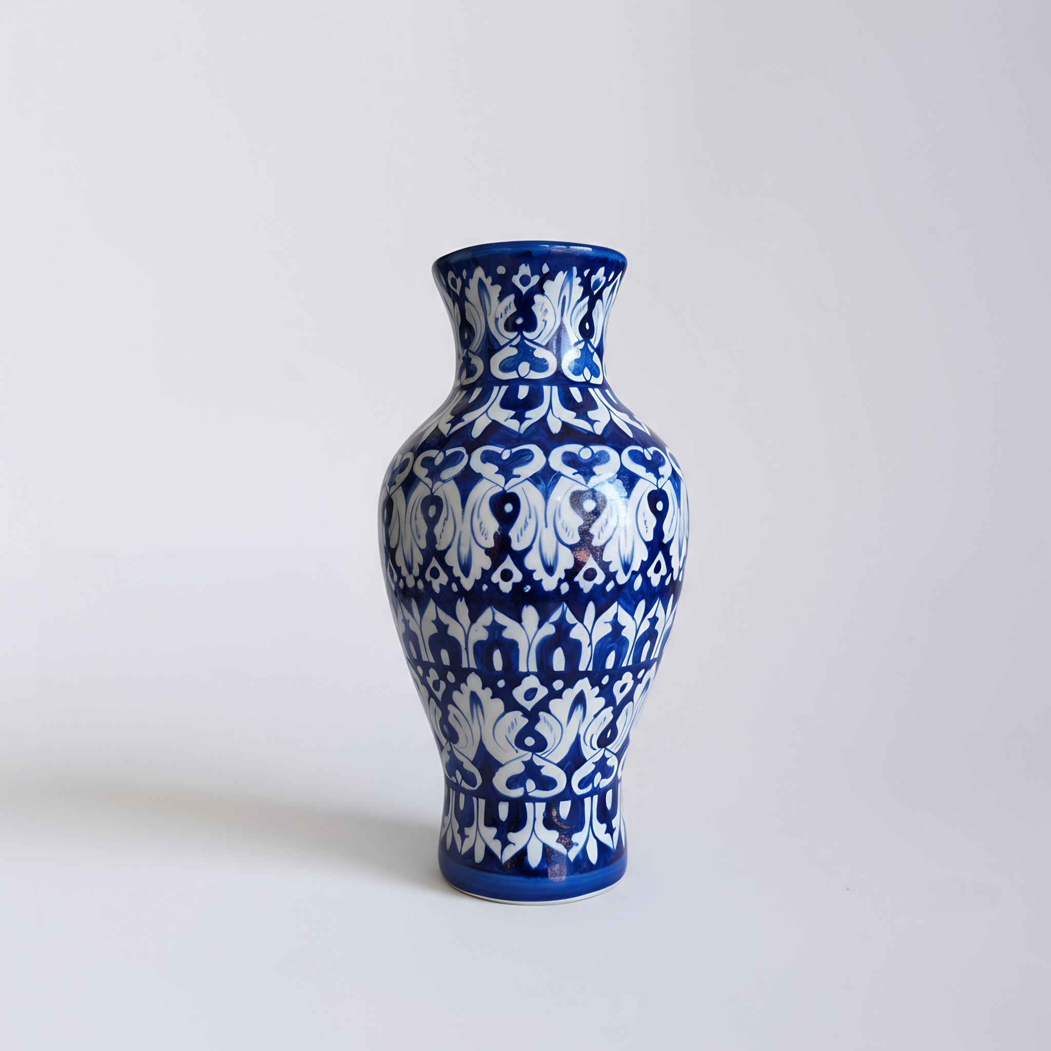 Cobalt Floral Burst Blue Pottery Vase – 14 Inch