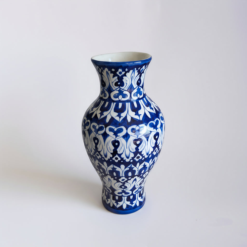Cobalt Floral Burst Blue Pottery Vase – 14 Inch