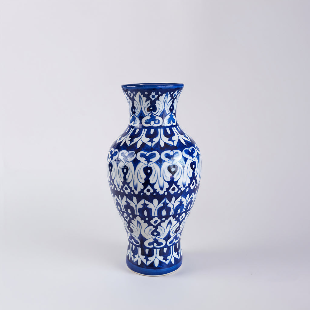 Cobalt Floral Burst Blue Pottery Vase – 14 Inch