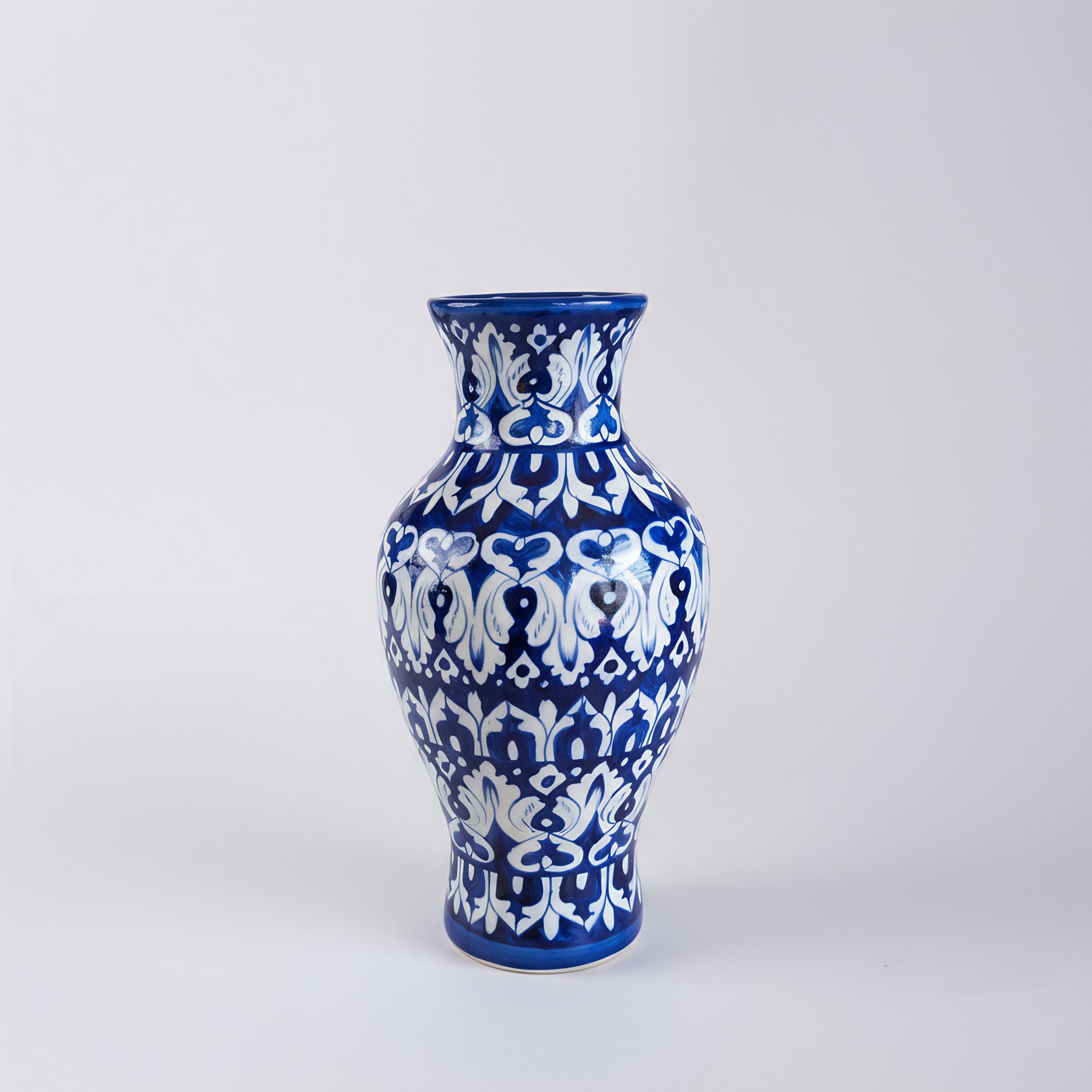 Cobalt Floral Burst Blue Pottery Vase – 14 Inch