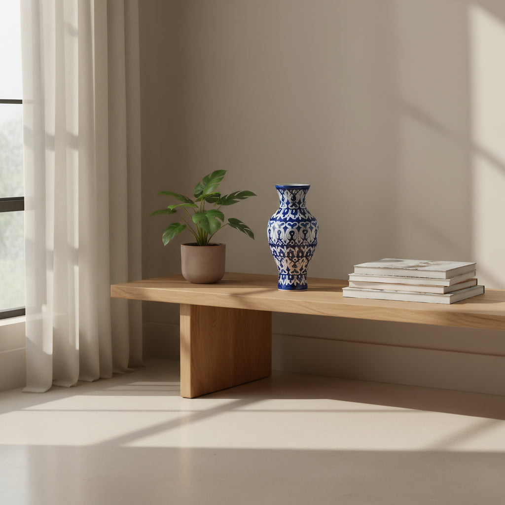 Cobalt Floral Burst Blue Pottery Vase – 14 Inch