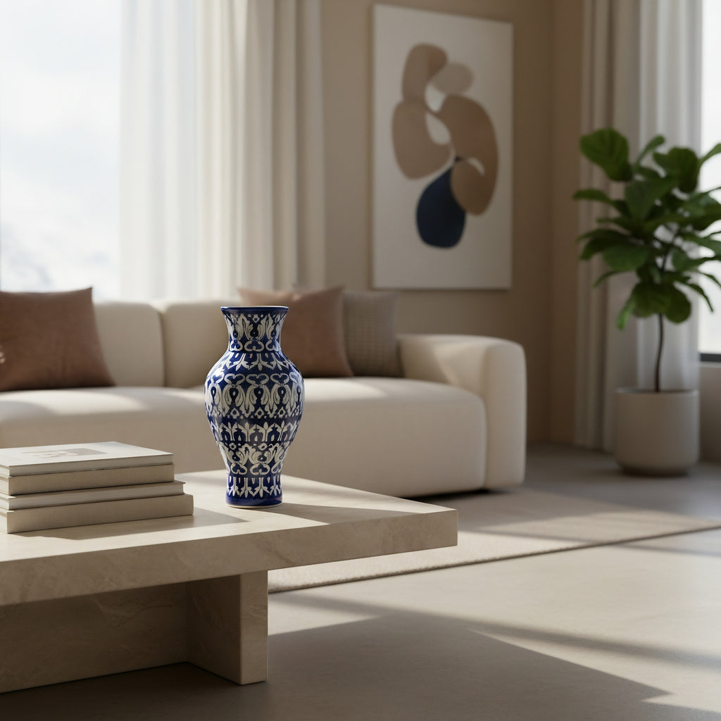 Cobalt Floral Burst Blue Pottery Vase – 14 Inch