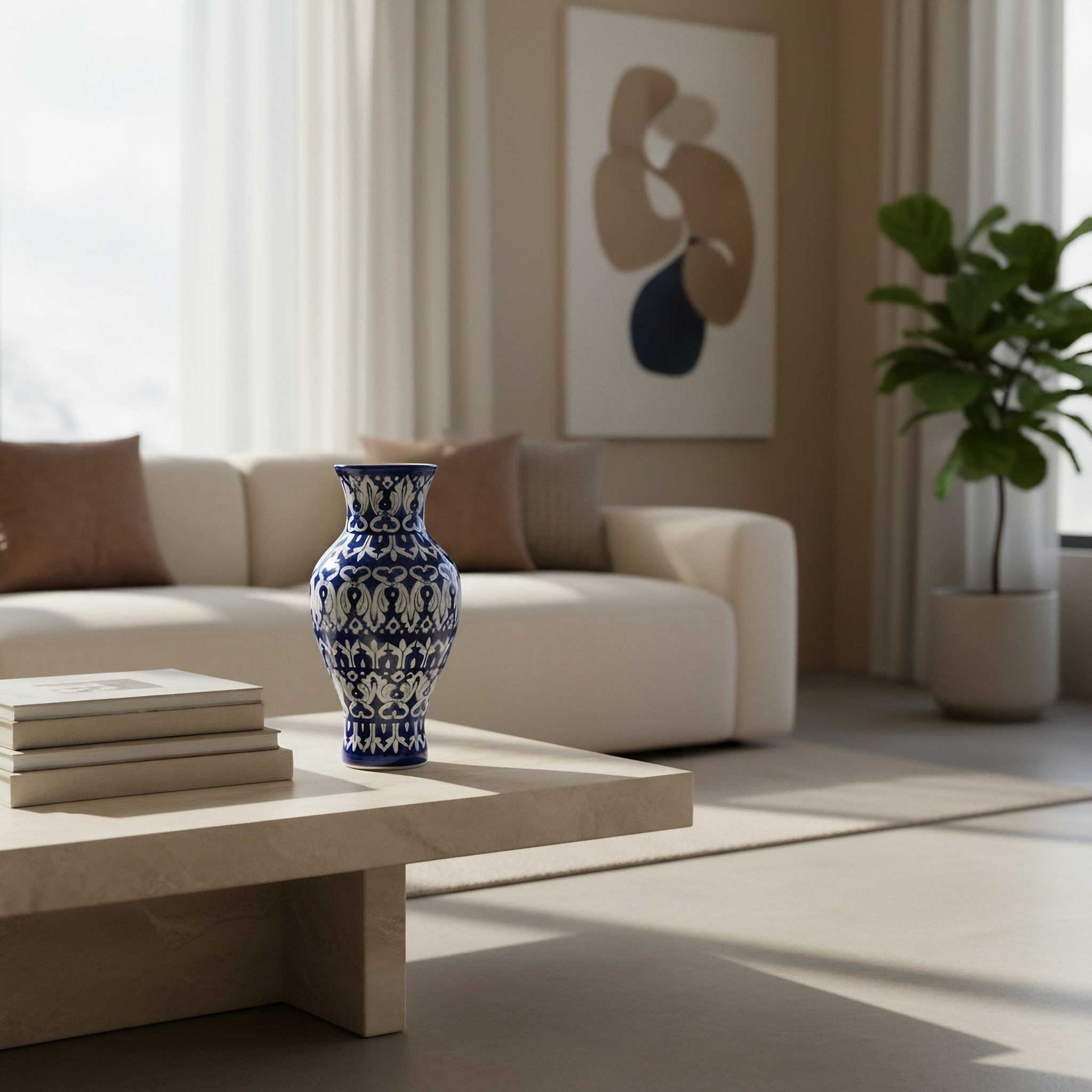 Cobalt Floral Burst Blue Pottery Vase – 14 Inch