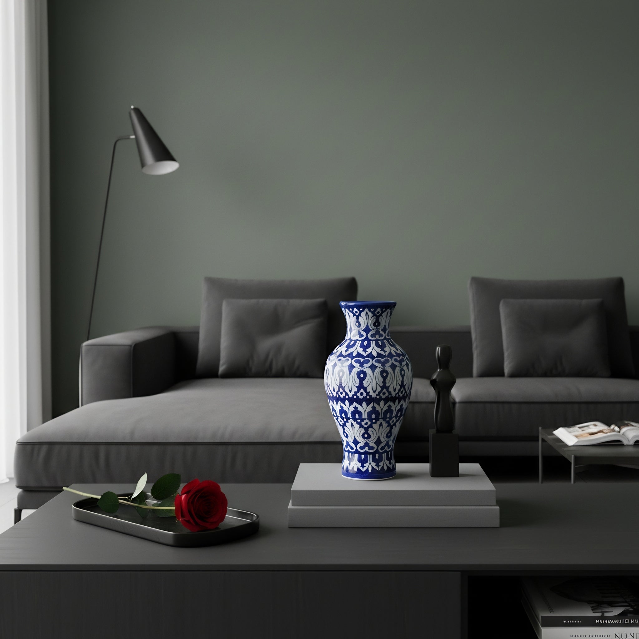 Cobalt Floral Burst Blue Pottery Vase – 14 Inch