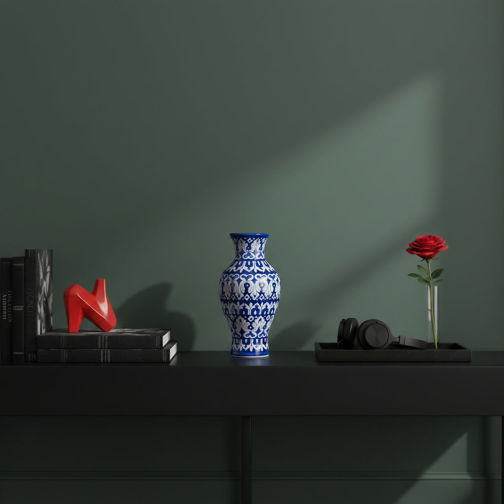 Cobalt Floral Burst Blue Pottery Vase – 14 Inch