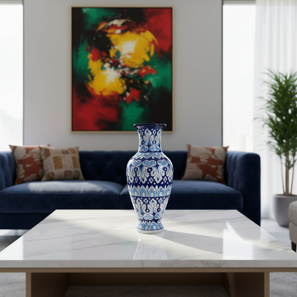 Cobalt Lotus Medley Blue Pottery Vase – 14 Inch