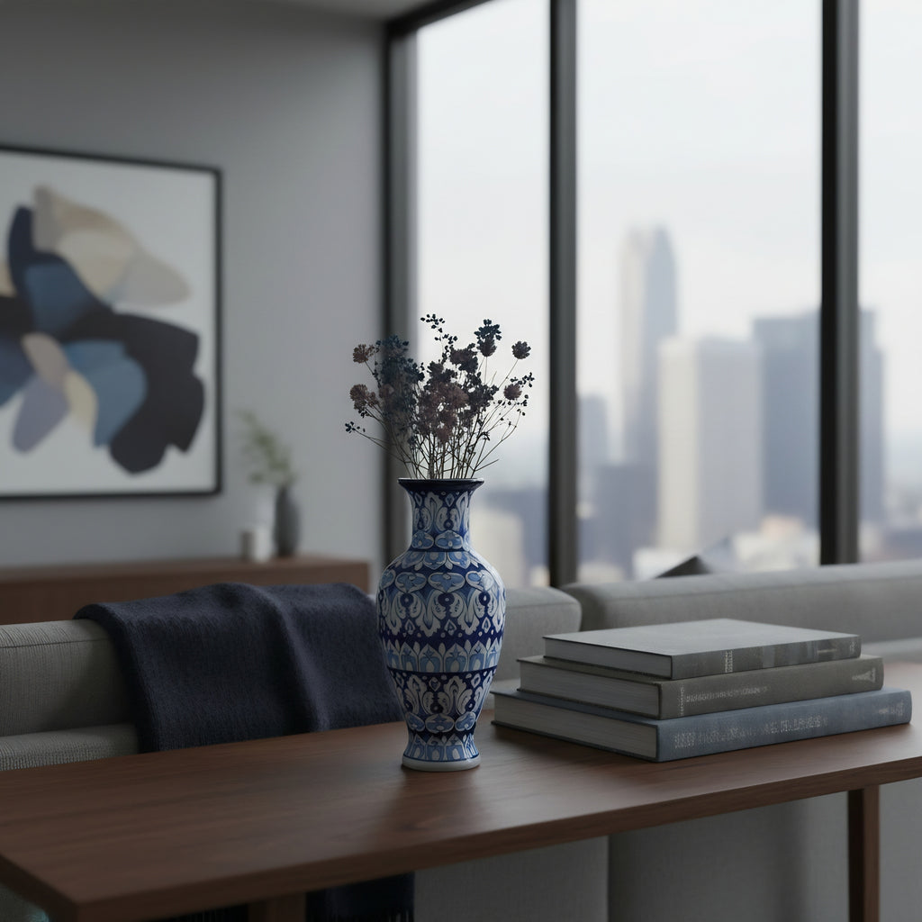 Cobalt Lotus Medley Blue Pottery Vase – 14 Inch