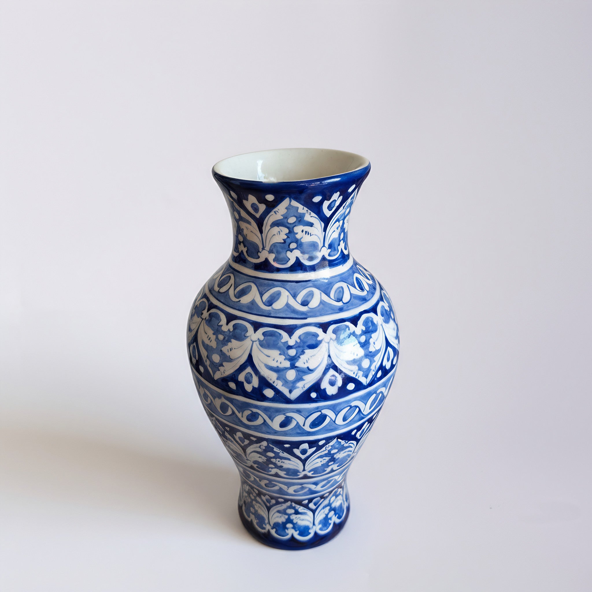 Cobalt Arabesque Blue Pottery Vase – 14 Inch