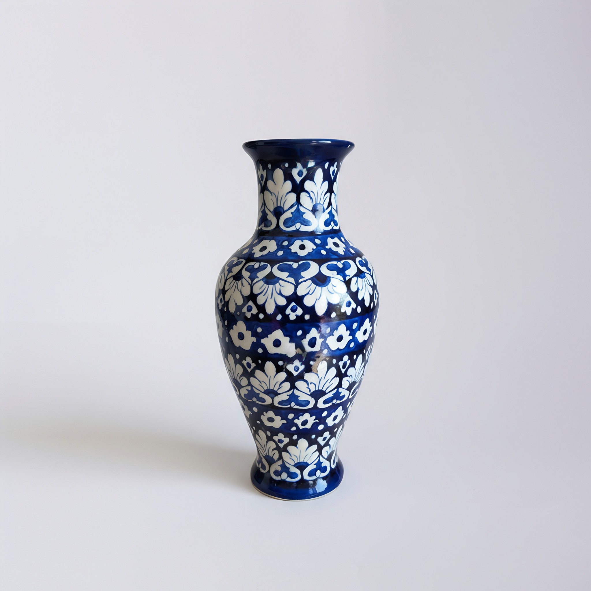 Cobalt Layered Floral Blue Pottery Vase – 14 Inch