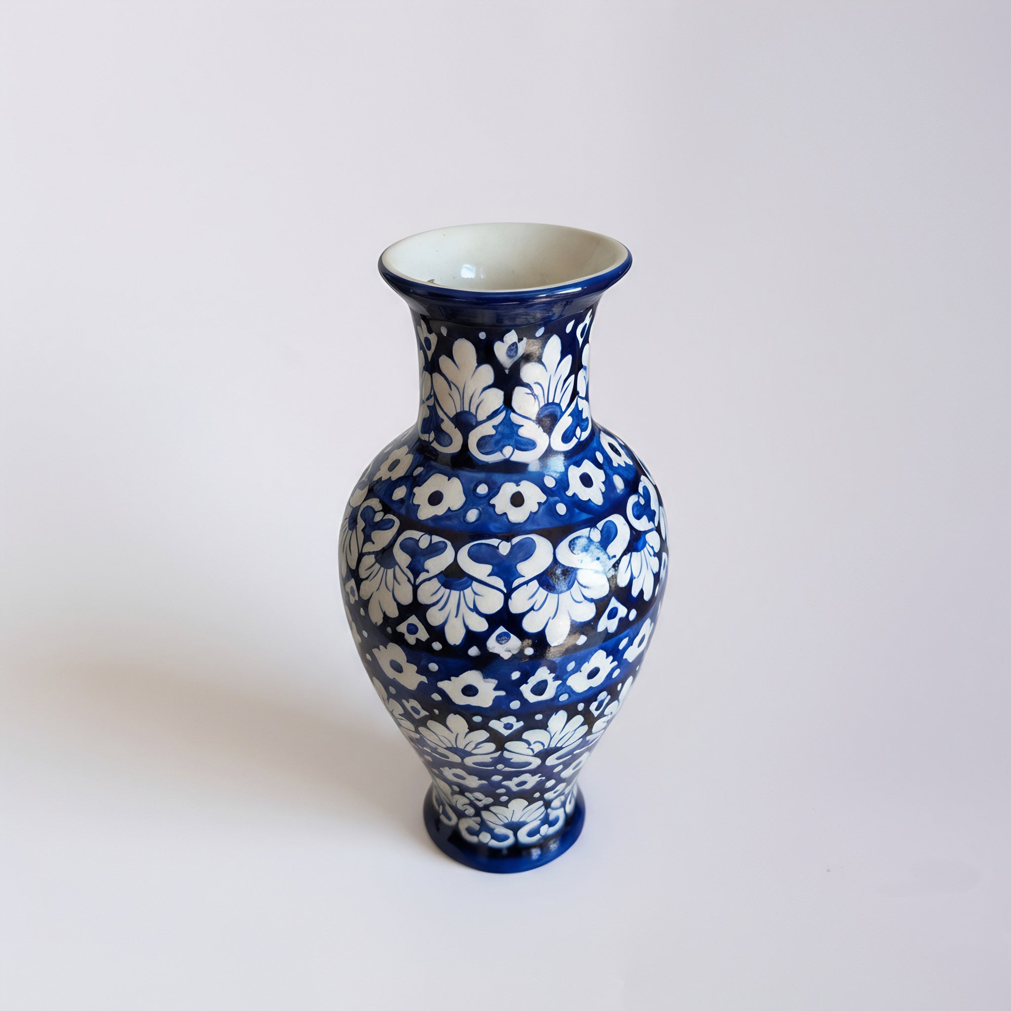 Cobalt Layered Floral Blue Pottery Vase – 14 Inch