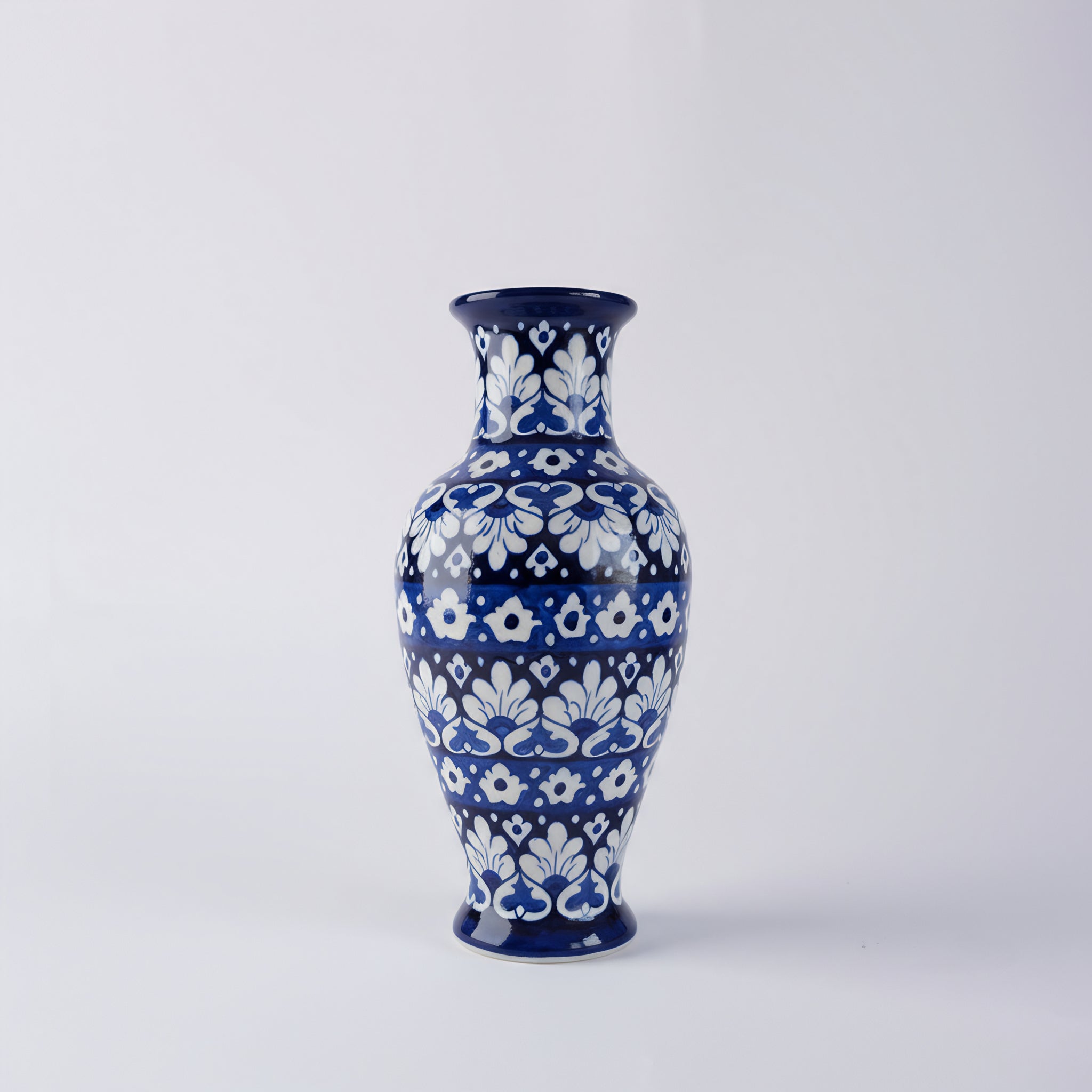 Cobalt Layered Floral Blue Pottery Vase – 14 Inch