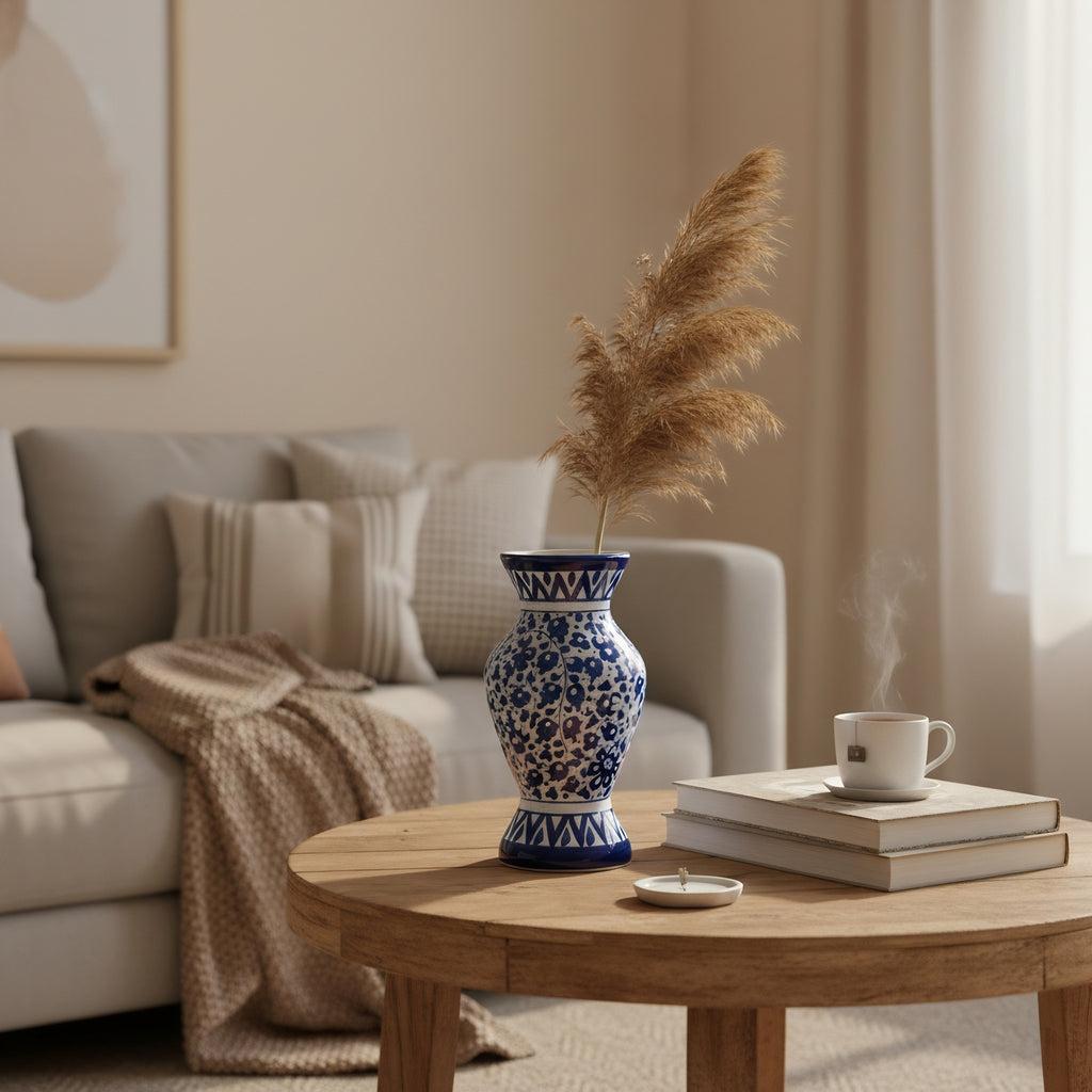 Handmade Blue Pottery Cobalt Floral Traditional Vase – 12 Inch Ceramic