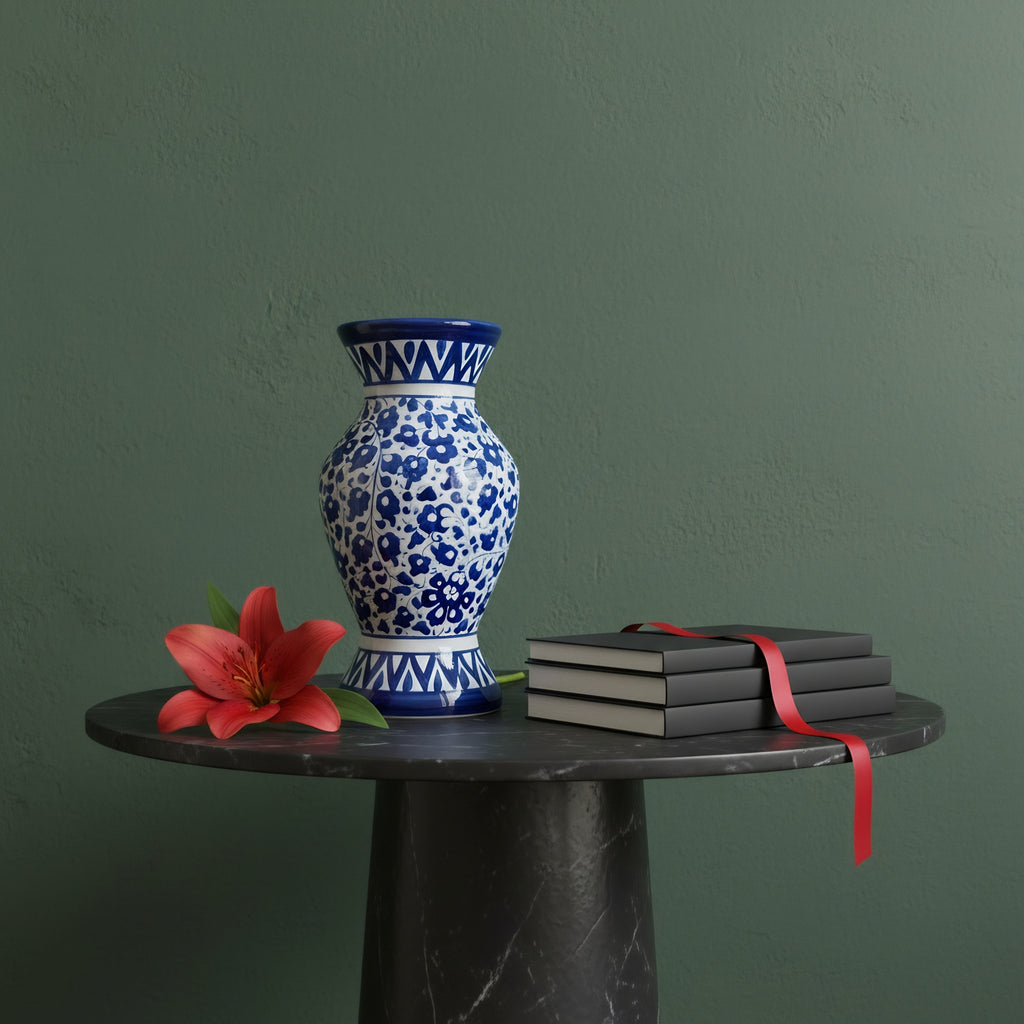 Handmade Blue Pottery Cobalt Floral Traditional Vase – 12 Inch Ceramic