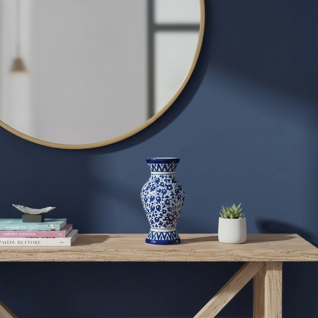 Handmade Blue Pottery Cobalt Floral Traditional Vase – 12 Inch Ceramic