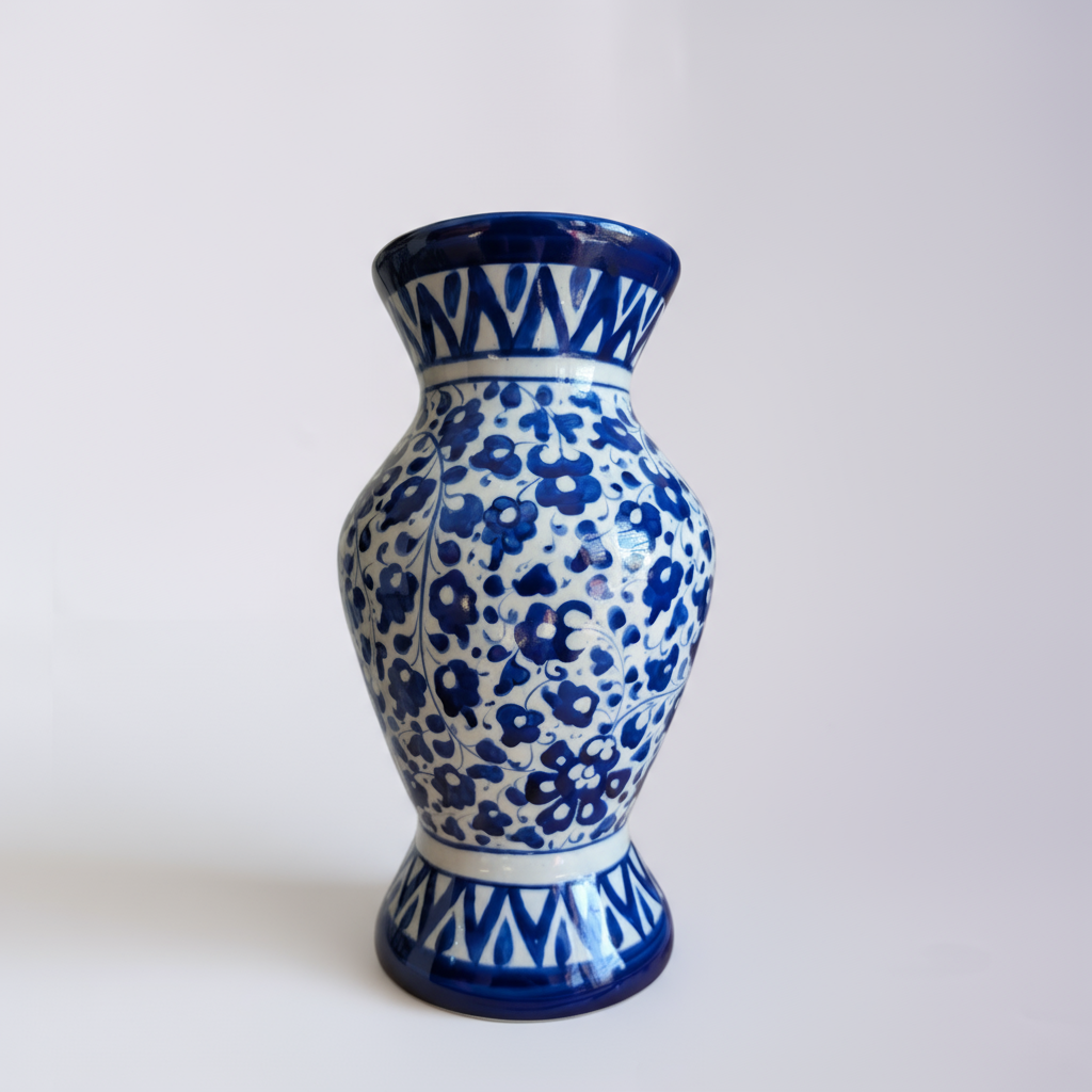 Handmade Blue Pottery Cobalt Floral Traditional Vase – 12 Inch Ceramic