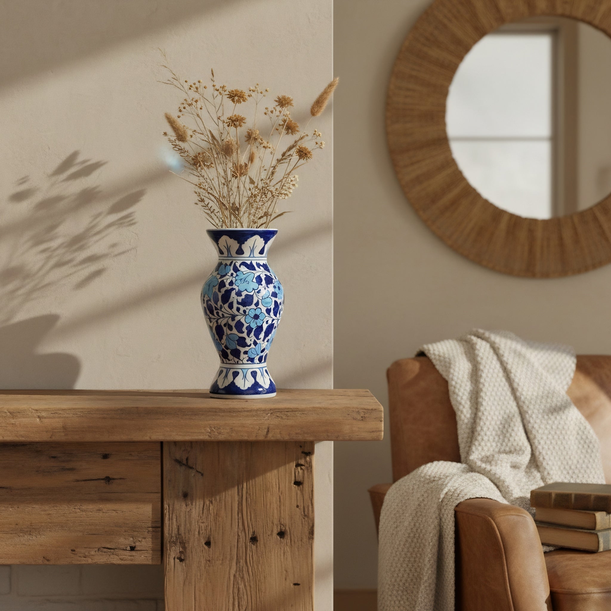 Blue Floral Traditional Vase — handmade ceramic rim closeup — Craftan Pakistan