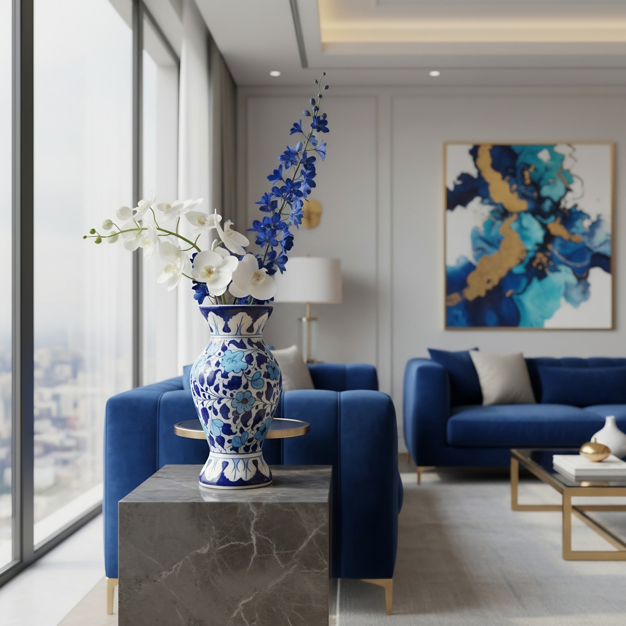 Handmade Blue Pottery Sky-Blue Floral Traditional Vase – 12 Inch Ceramic