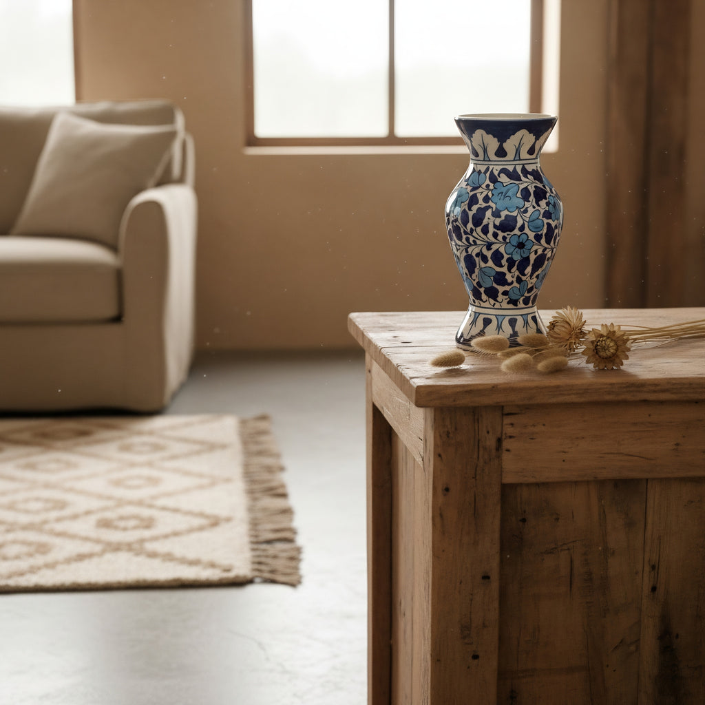 Traditional Floral Vase — blue pottery side angle — Craftan Pakistan