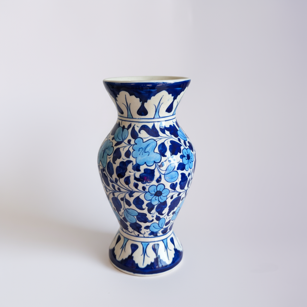 Handmade Blue Pottery Sky-Blue Floral Traditional Vase – 12 Inch Ceramic