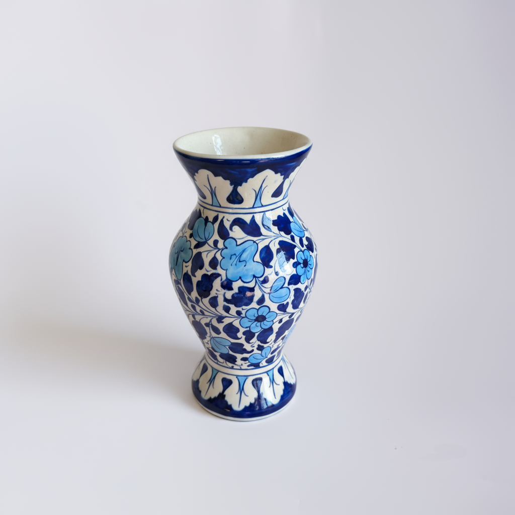 Sky-Blue Floral Traditional Vase — handmade blue pottery detail — Craftan Pakistan