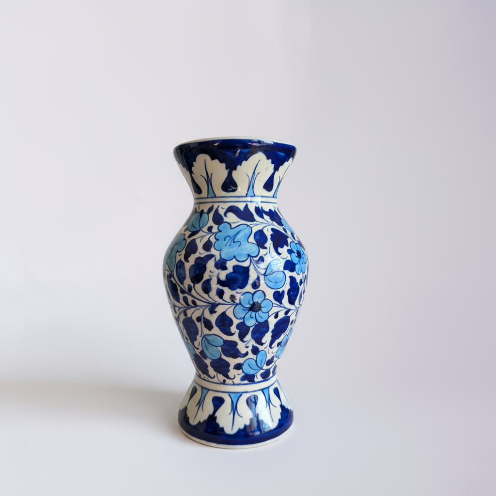 Handmade Blue Pottery Sky-Blue Floral Traditional Vase – 12 Inch Ceramic