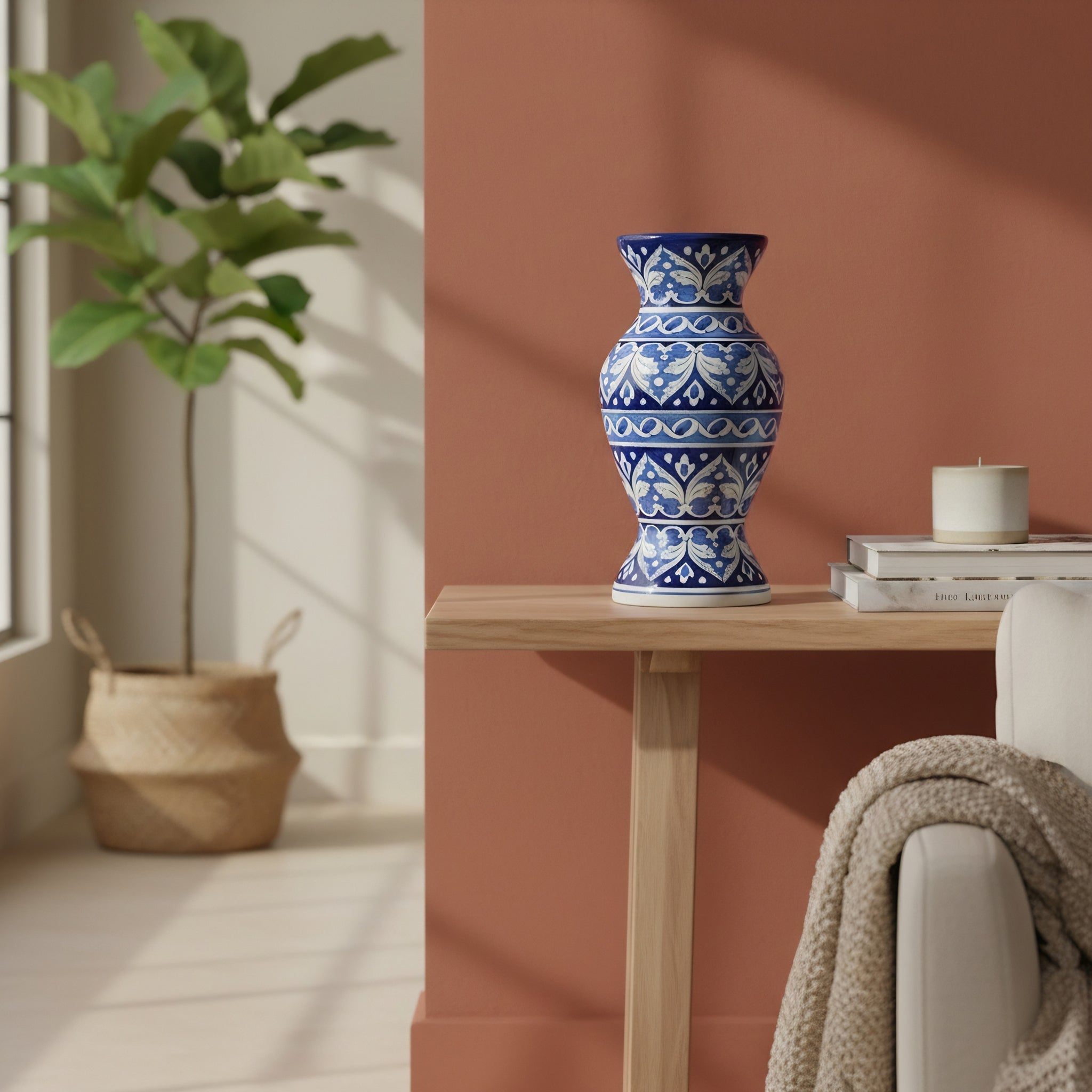 Handmade Blue Pottery Cobalt Arabesque Traditional Vase – 12 Inch Ceramic