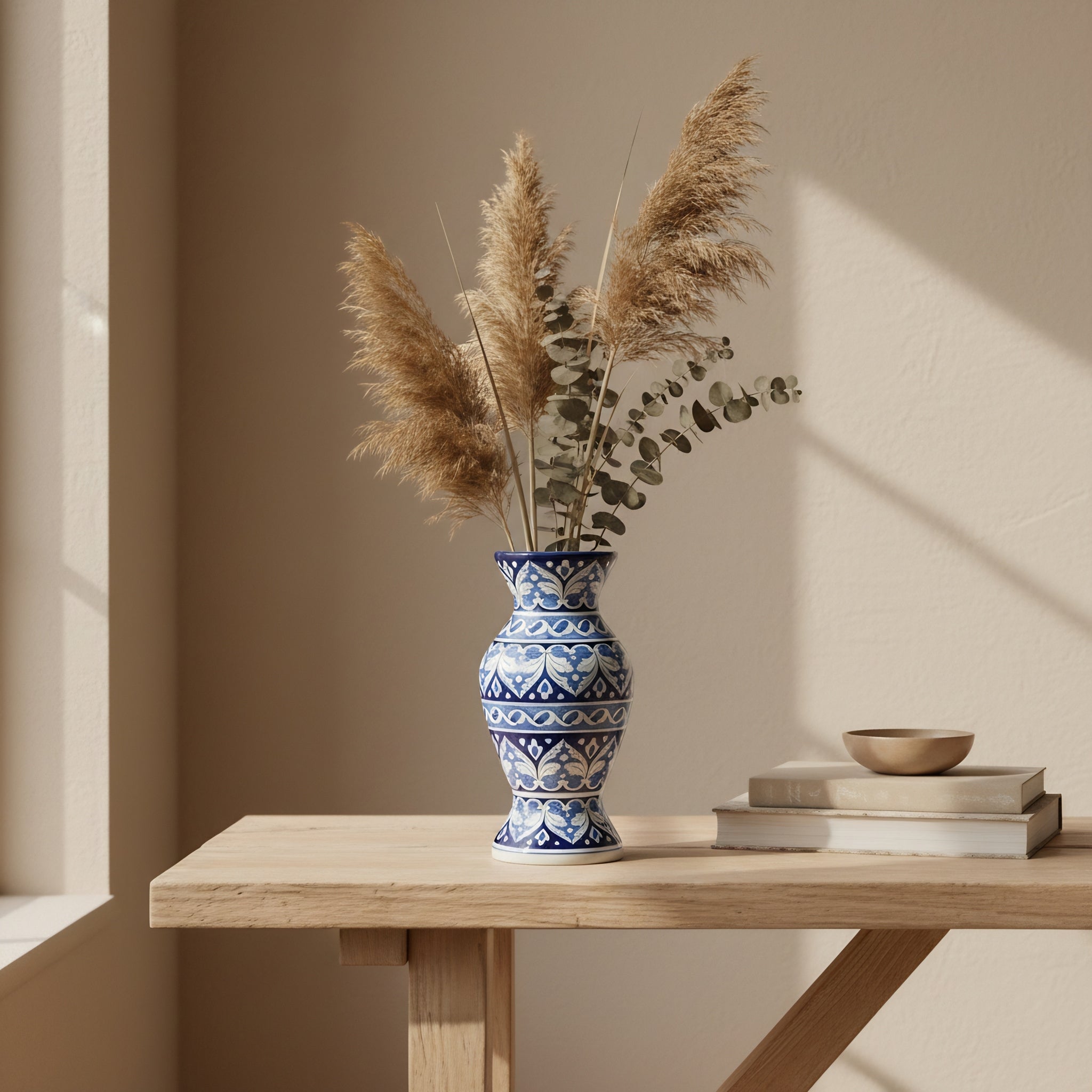 Handmade Blue Pottery Cobalt Arabesque Traditional Vase – 12 Inch Ceramic