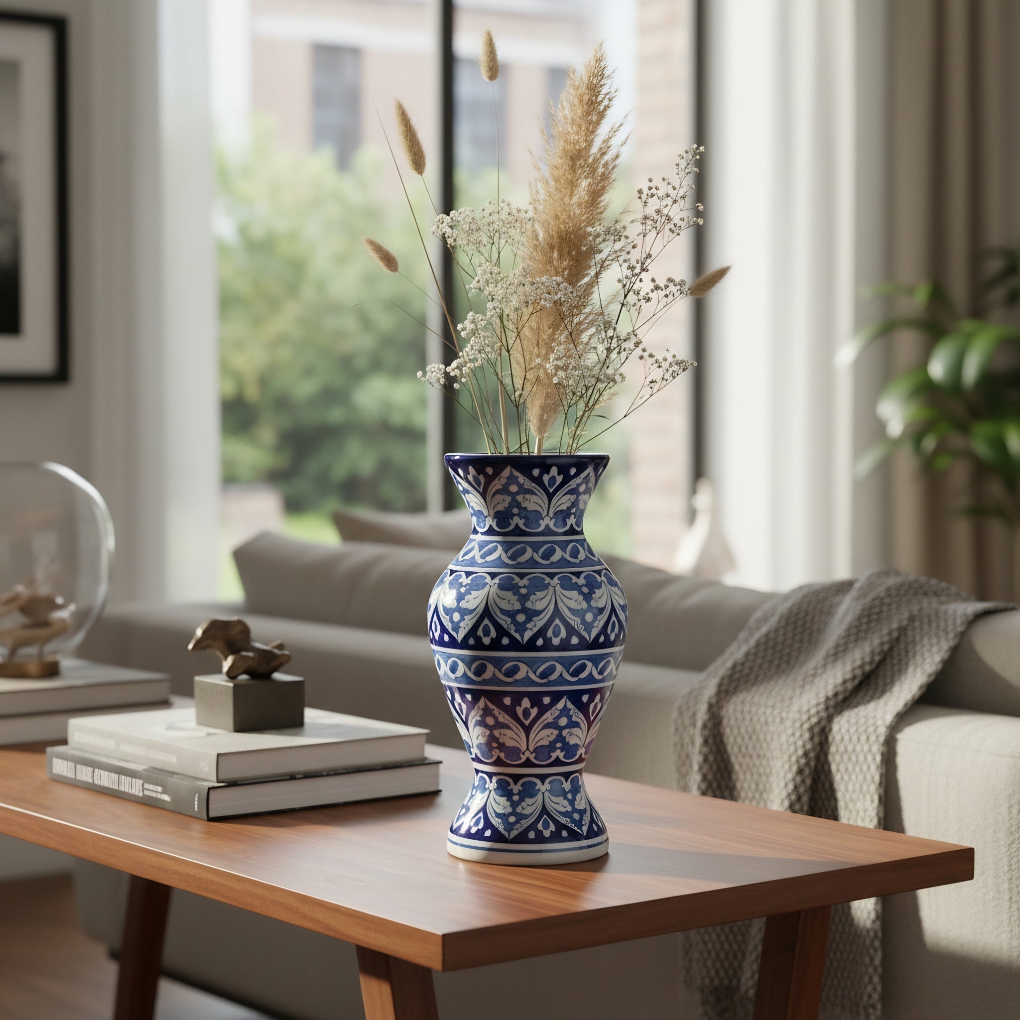 Handmade Blue Pottery Cobalt Arabesque Traditional Vase – 12 Inch Ceramic