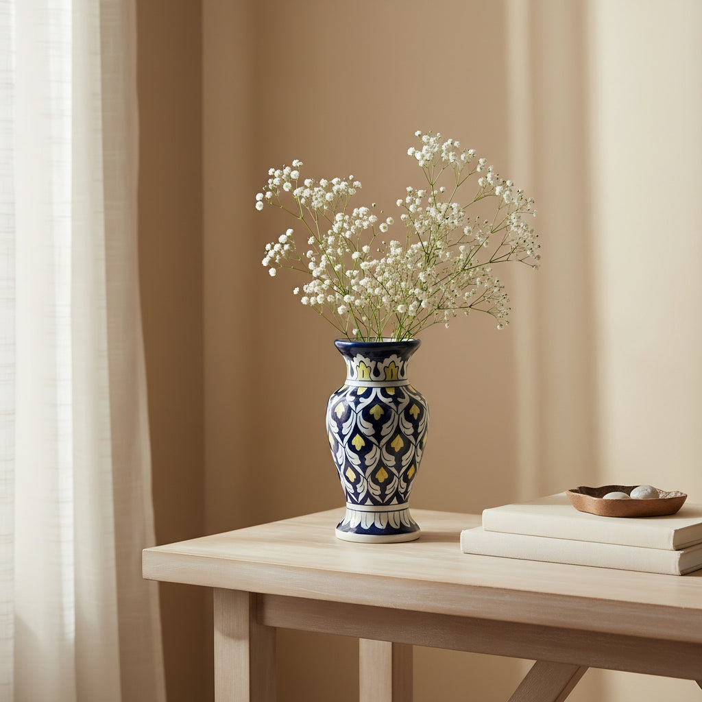 Handmade Blue Pottery Yellow Accent Traditional Vase – 9-Inch Ceramic