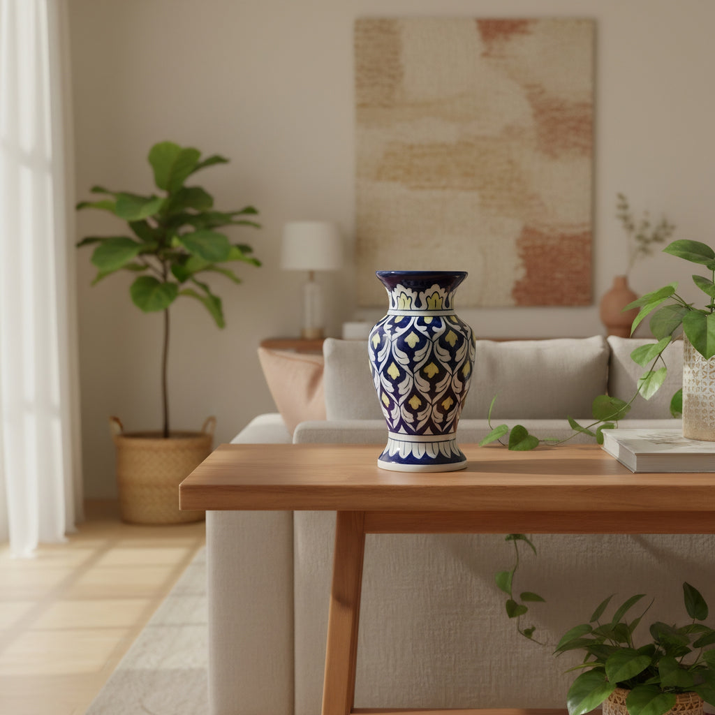 Handmade Blue Pottery Yellow Accent Traditional Vase – 9-Inch Ceramic