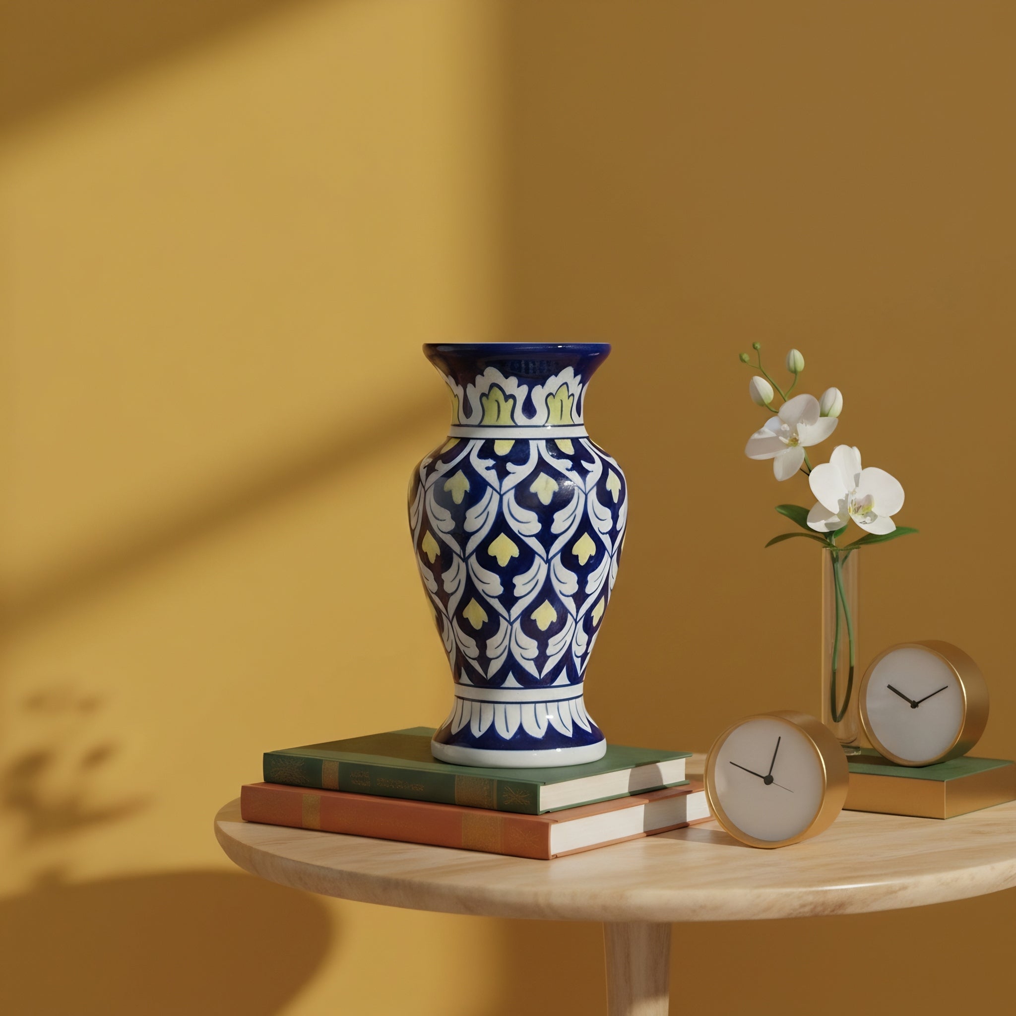 Handmade Blue Pottery Yellow Accent Traditional Vase – 9-Inch Ceramic