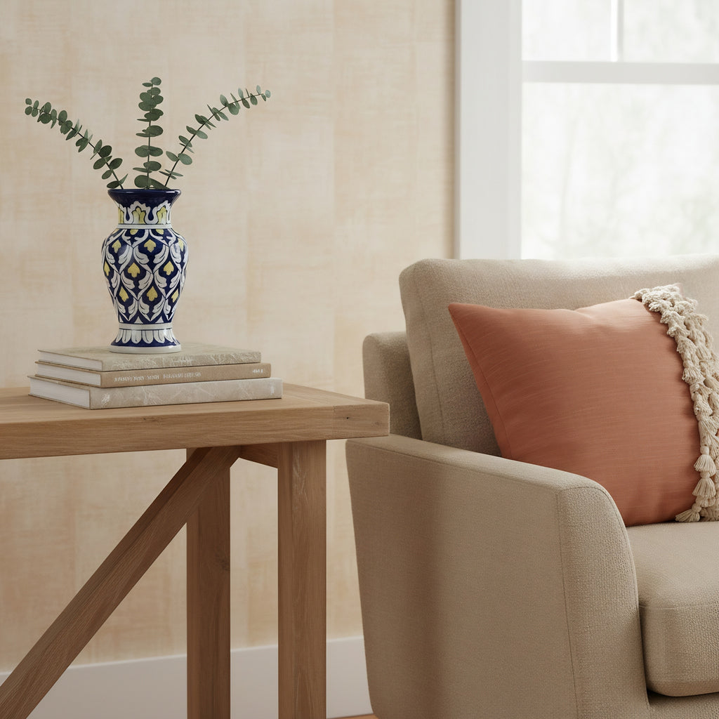 Handmade Blue Pottery Yellow Accent Traditional Vase – 9-Inch Ceramic