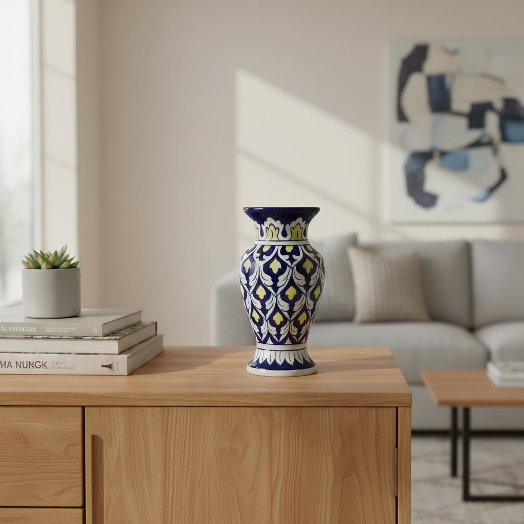 Handmade Blue Pottery Yellow Accent Traditional Vase – 9-Inch Ceramic