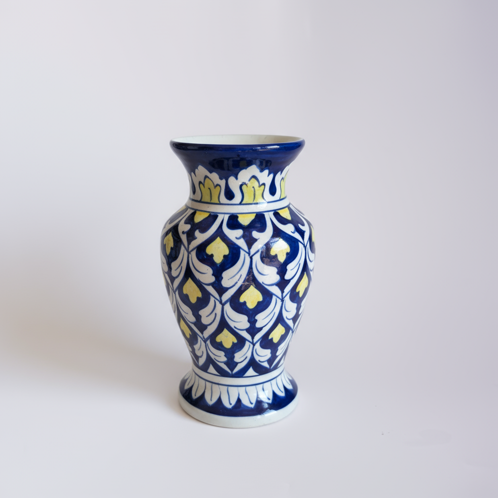 Handmade Blue Pottery Yellow Accent Traditional Vase – 9-Inch Ceramic