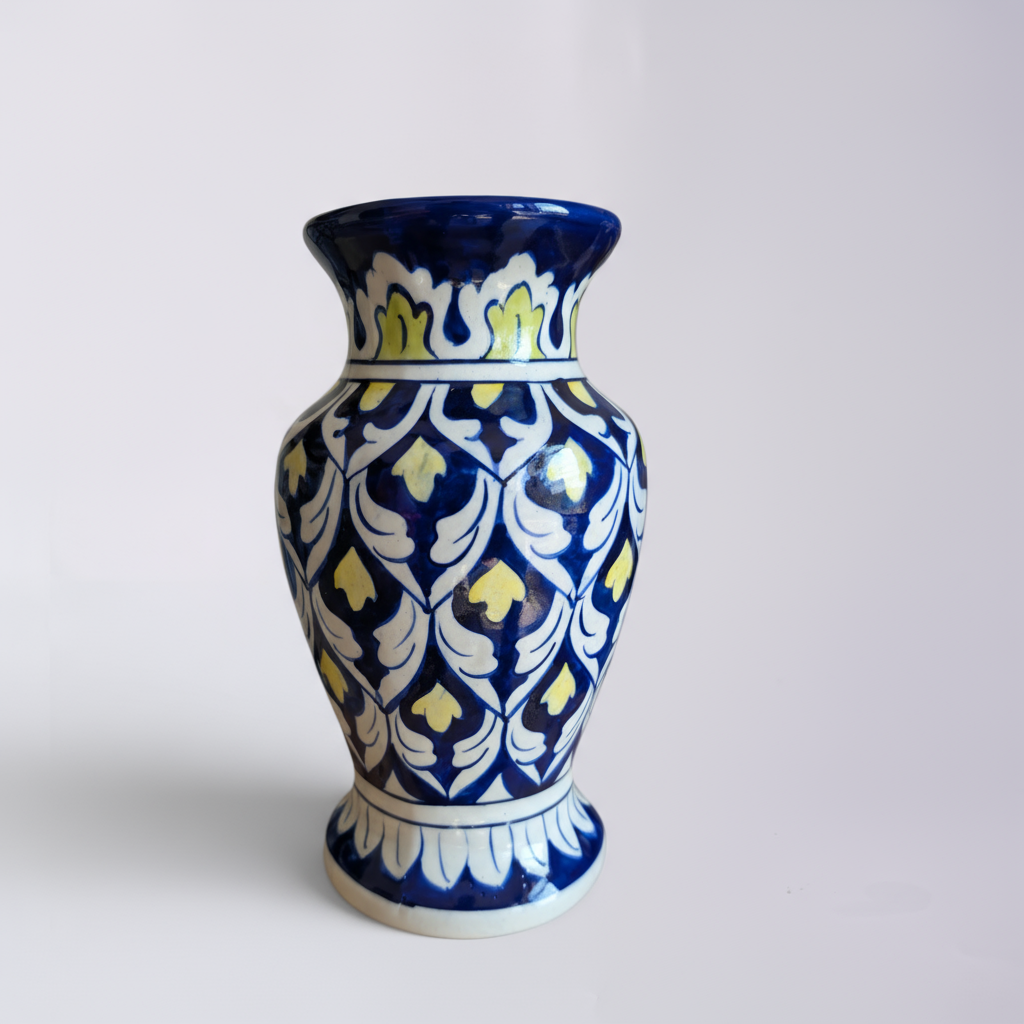 Handmade Blue Pottery Yellow Accent Traditional Vase – 9-Inch Ceramic